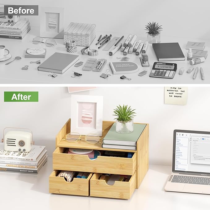 Wisuce Bamboo Desk Organizer - Mini Bamboo Desk Drawer Tabletop Cosmetic Storage Organization for Office or Home (Nature 3 Drawers)