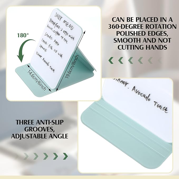 2 Pcs Small Glass Desktop Whiteboard with Reversable Stand 8 x 6 Inch Mini Dry Erase White Board Easel with 2 Markers Reusable Desk Notepad for Home Office School Supplies (Green)