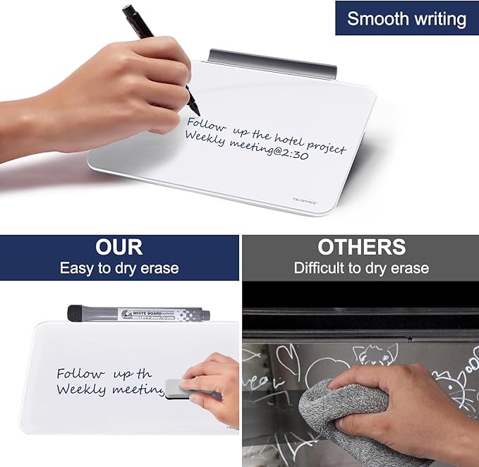 TSJ OFFICE Small Desktop Whiteboard - Glass Dry Erase Board 8 X 6 Inches Tabletop Easel Whiteboard with Stand, Desk Board Buddy for Artist, Teacher and Student