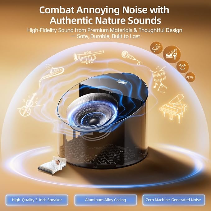 Sound Machine & Soothing Night Light, Premium Metal Shell with Excellent 3inch Speaker, White Noise Machine & 50+ Natural Sounds | Upgradeable System for Sleep, Focus, Relaxation – Adults Kids Baby