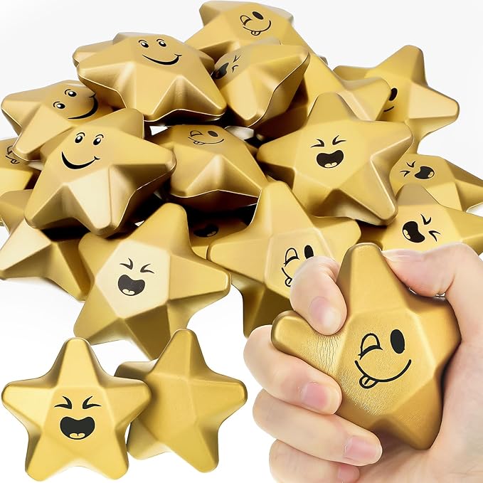 Deekin 24 Pieces 3.1 Inch Star Stress Balls Gold Mini Foam Ball Star Stress Toys Bulk Stress Relief Gifts for Coworkers Adult Goodie Bag Stuffers Teen Party Favors School Office Award(Smile Face)