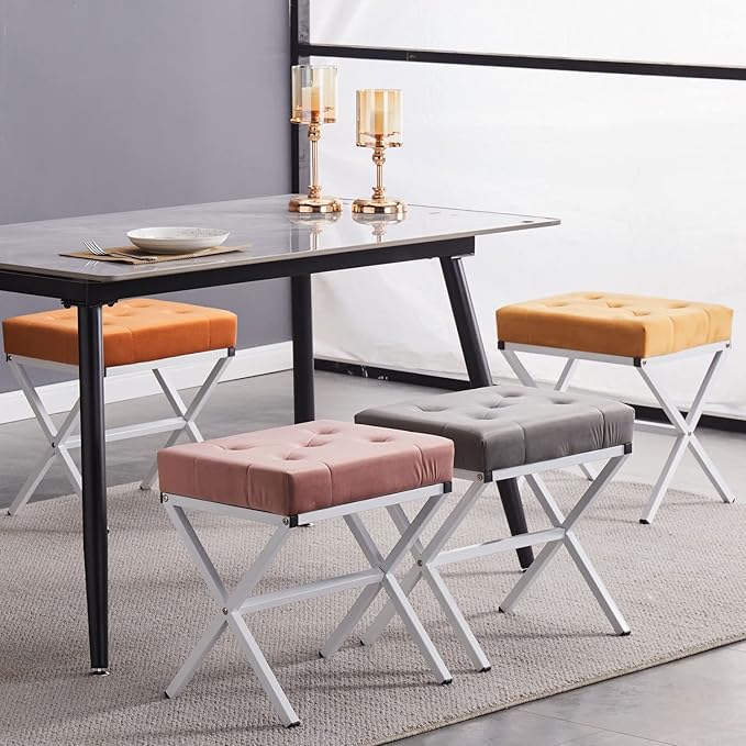 Wimarsbon Ottoman Foot Stool Tufted Vanity Stool Ottomans Thickened Cushion Footstool Mulifunctional Shoe Changing Seat Step Stools with Metal X Leg for Living Room Bedroom Velvet Dusty Pink