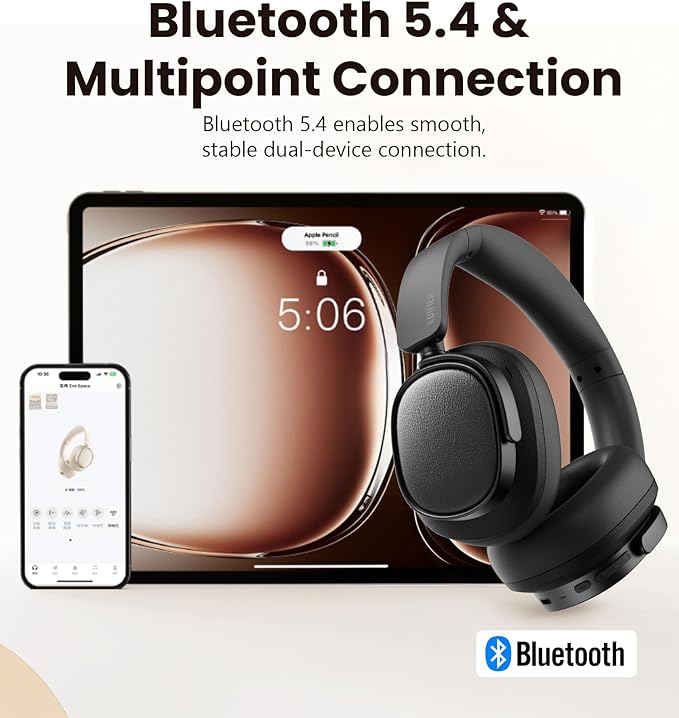 Edifier ES850NB Active Noise Cancelling Headphones, Over Ear Bluetooth Headset, 92H Playtime Wired & Wireless Hi-Res Audio Certified, Fast Charging Clear Calls for Home Office Travel (Black)