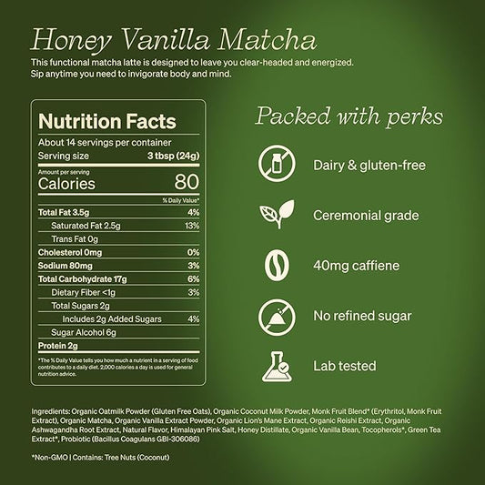 Clevr Blends Organic Honey Vanilla Matcha SuperLatte, Instant Ceremonial Grade, Superfood Powder Blend, Oat Milk, Lions Mane, Reishi Mushroom, Coconut Cream, Ashwagandha, Serve Hot or Iced (14 Lattes)