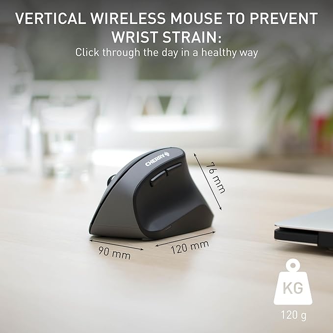 CHERRY MW4500 Wireless Vertical Ergonomic Optical Mouse, up to 1200 DPI, 6 Buttons and Scroll Wheel For Laptop, PC, Desktop or Mac. Right Handed.