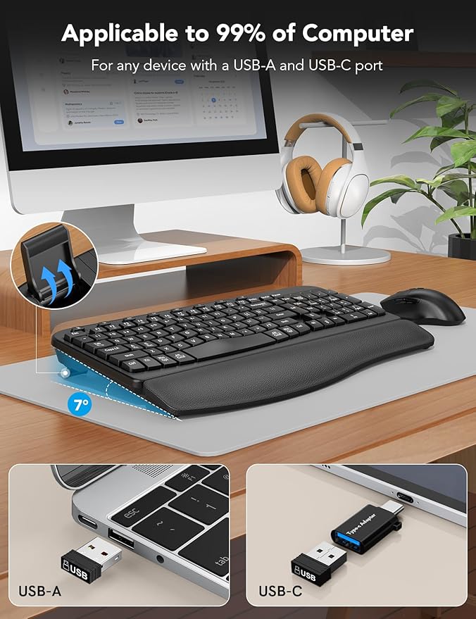 Wireless Keyboard and Mouse Combo – Ergonomic Wave Key, Built-in Leather Soft Palm Rest, 2.4G Full Size, 8 Hotkeys, 6-Button Mouse with 4-Level DPI, Dual USB-A/USB-C, Windows & macOS Compatible