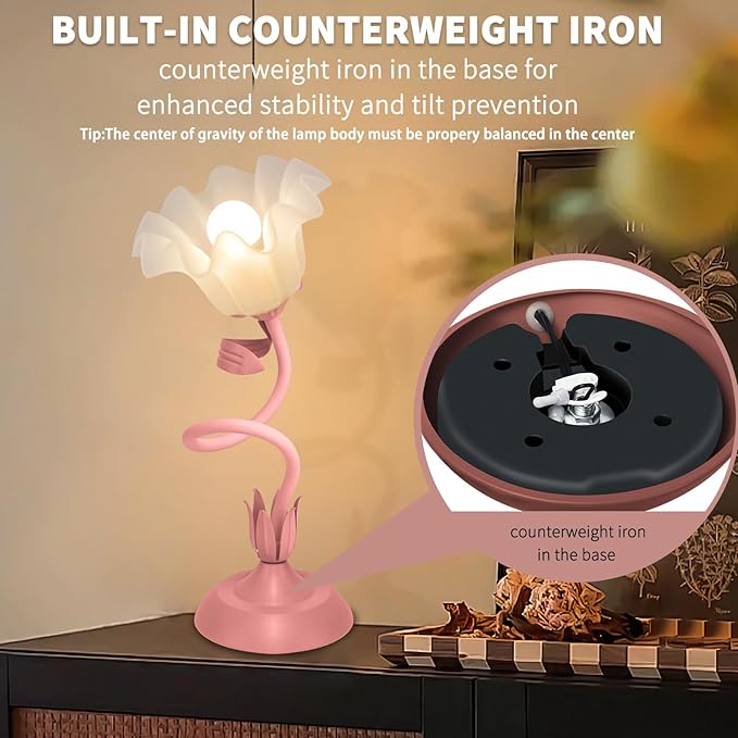 Women Bedside Table Lamps for Bedroom, Cute Flower Desk Lamp with Adjustable Flexible Gooseneck, 3 Color Temperatures Nightstand Lamp with E26 LED Bulbs, Floral Lamp for Living Room, Office,Reading
