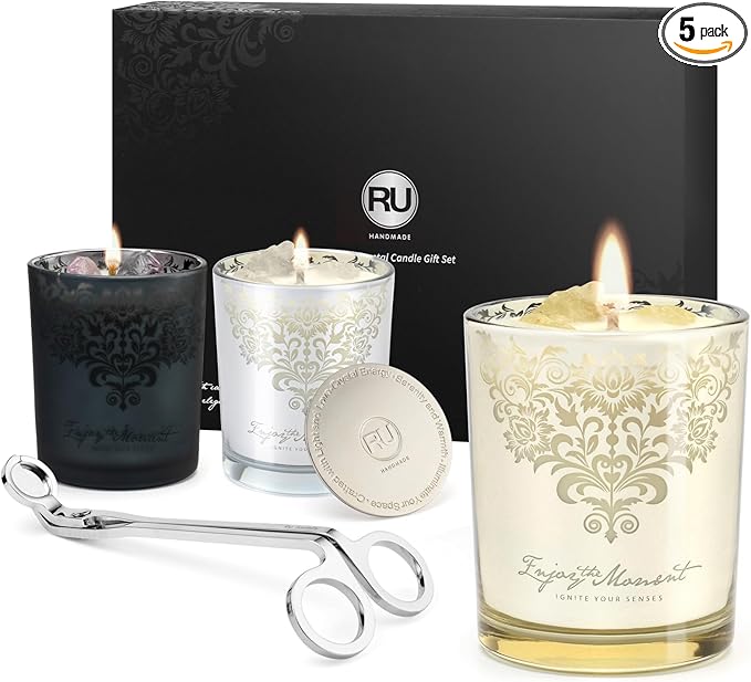 Luxury Scented Candles Gift Set – 3 Crystal Soy & Beeswax Aromatherapy Candle with Snuffer Lid & Wick Trimmer,7oz/each | Floral & Citrus Scents, Candle for Women, candles for home Scented & Relaxation