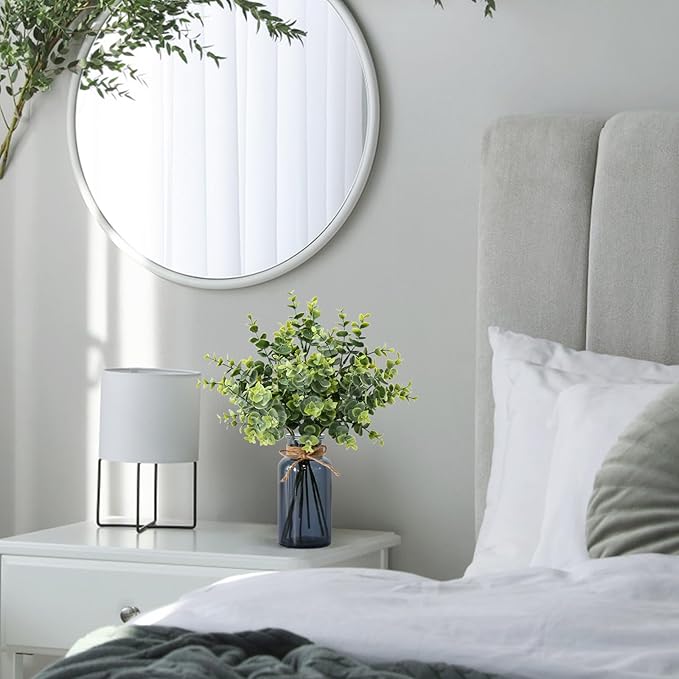 Leftover 8 PCS Faux Eucalyptus Stems in Black Glass Vase,Fake Plants Greenery Stems for Centerpiece Table Decorations,Fake Plants for Black Bathroom Decor(Sage Green)