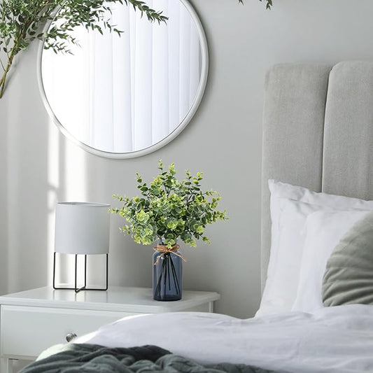 Leftover 8 PCS Faux Eucalyptus Stems in Black Glass Vase,Fake Plants Greenery Stems for Centerpiece Table Decorations,Fake Plants for Black Bathroom Decor(Sage Green)