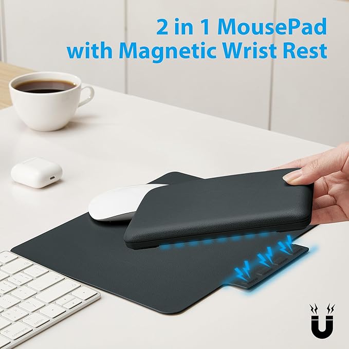 Ergonomic Mouse Pad with Wrist Rest, Leather Comfortable Mousepad, Natural Cork Non-Slip Base Mouse Pads for Desk, Computer, Laptop, Gaming, 11.1 x 9.84 in Home & Office Desk Accessories (Dark Gray)