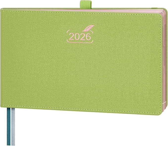 BEZEND 2026 Planner Weekly and Monthly (9" x 5.5") Horizontal Calendar Book with Vertical Hourly Timeslots & Note (Jan-Dec) Pen Holder, Inner Pocket, Casebound Vegan Leather Hardcover - Fruit Green