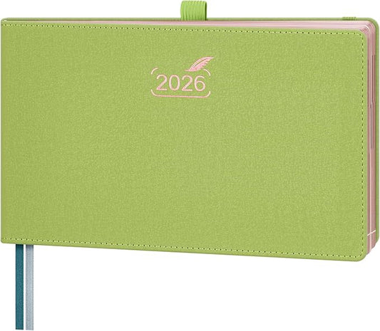 BEZEND 2026 Planner Weekly and Monthly (9" x 5.5") Horizontal Calendar Book with Vertical Hourly Timeslots & Note (Jan-Dec) Pen Holder, Inner Pocket, Casebound Vegan Leather Hardcover - Fruit Green