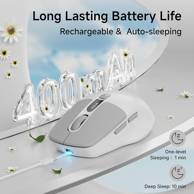 EWEADN Q1 Wireless Mouse, Bluetooth & 2.4G Silent Mouse Quiet Click with 3 DPI Levels, Battery & DPI Smart Display, 6 Button Small Portable Cordless Mice for Laptop/PC/Mac-Grey