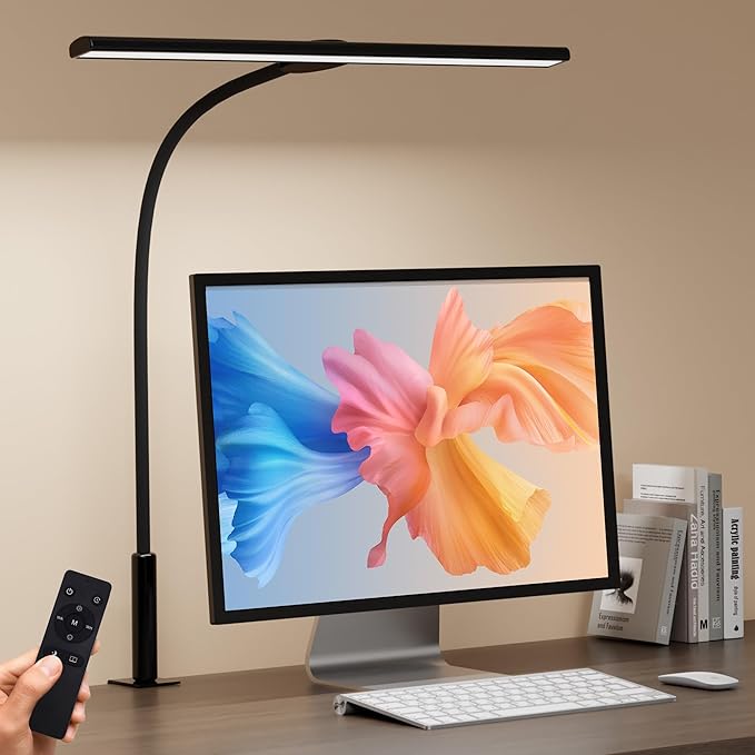 LED Desk Lamp with Clamp, Eye-Caring Adjustable Brightness, 3 Lighting Modes, Touch & Remote Control Clip Light for Home Office, Study, Computer Work, Reading, Puzzle, Task (Black)