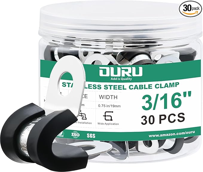 30pcs 3/16 Inch Cable Clamp,304 Stainless Steel Rubber Coated Cushioned Insulated Cable Clamps-Metal Wire Clamps,Pipe Clamps for Tube,Lines(Black,5mm)