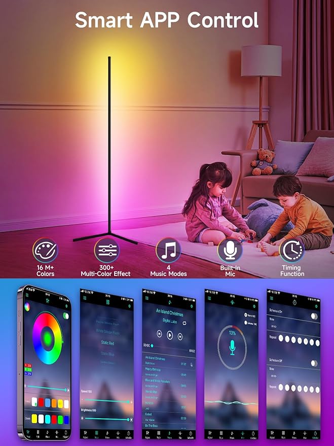 Corner Floor Lamp, RGB LED Corner Lamp with Music Sync, Smart App and Remote Control Color Changing Ambience Light, 16 Million Colors for Bedroom, Living Room Gaming Room (2pcs)
