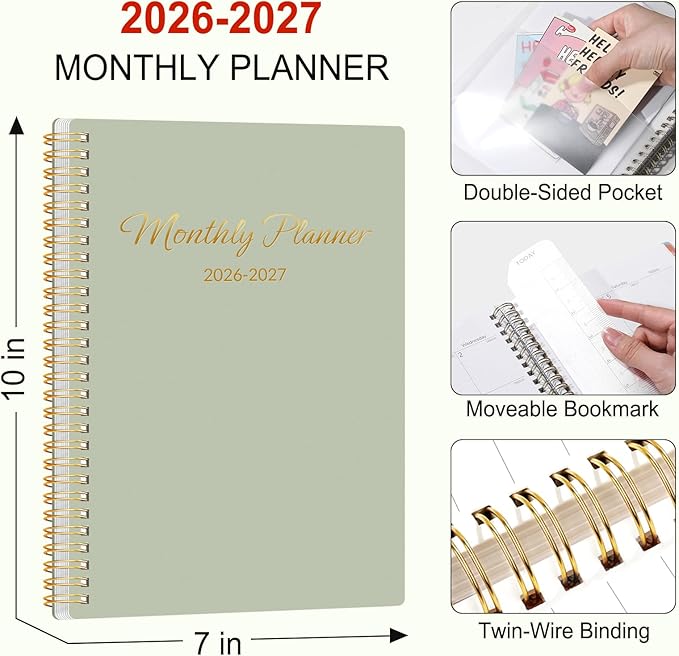 GNL Monthly Planner 2026-2027, 2 Year(27 Months) Calendar Planner, Oct. 2025 - Dec 2027, 7" x 10" Monthly Spreads & Yearly Planner, Perfect for School Office Home Planning, Green