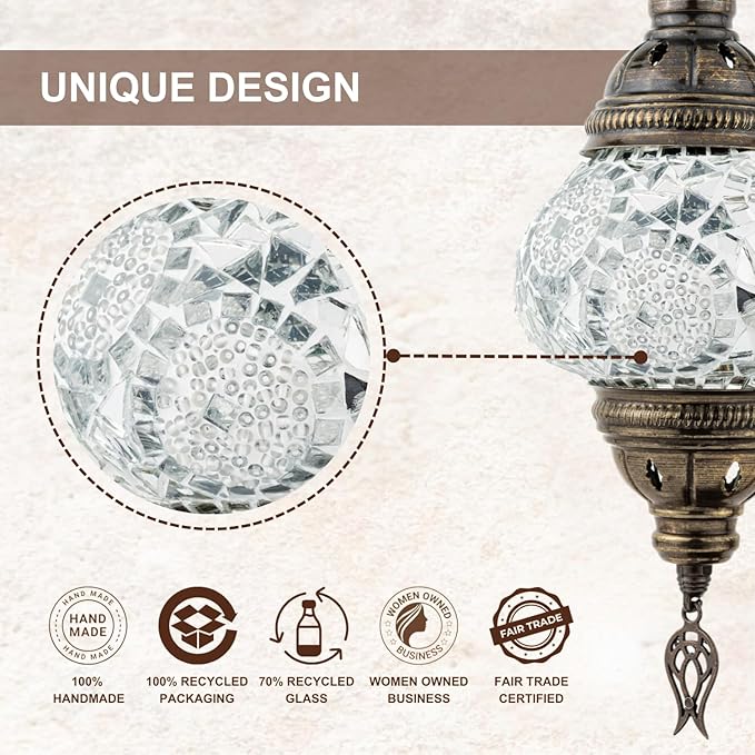 Kafthan Turkish Moroccan Mosaic Lamp – Handmade Glass Swan Neck Bedside Lamp with Antique Brass Base, Ideal Decor for Bedroom, Office, Living Room – Bulb Included (White Triple Circles)