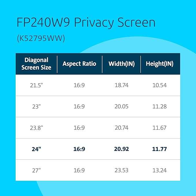 Kensington 24 inch Computer Privacy Screen for Desktop, 16:9 Widescreen Monitor, FP240W9 Anti-Glare Blue Ray Reduction Computer Privacy Filter for Dell Asus Acer LG Samsung AOC Monitors, K55413WW