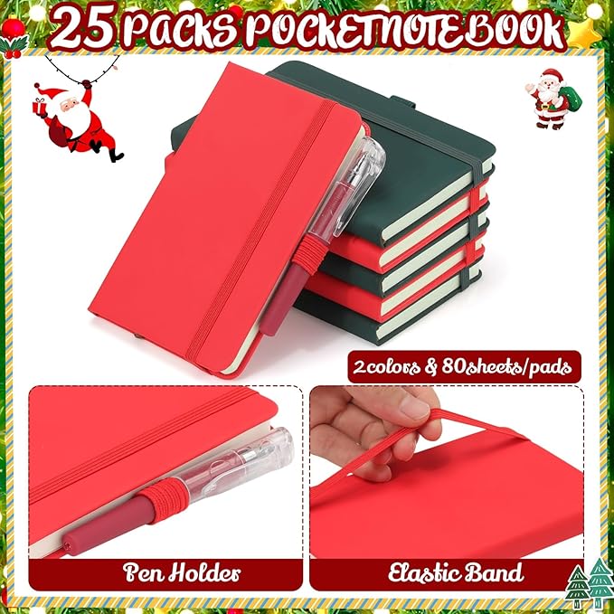 25 Pack Pocket Small Notebook Journals with Pen 5.6'' x 3.7'' Mini Journaling Notepads A6 Ruled Journals Hardcover Lined Notebook Bulk with Pen Holder for Office School Memo(Festive Colors)
