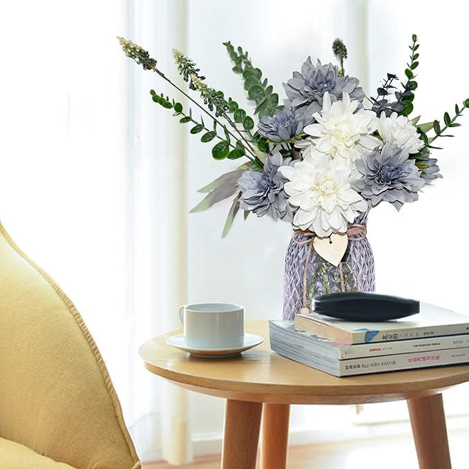 Home Decor Fake Flowers with Vase - Artificial Flowers Fake Plants Bouquet Decoration Realistic Dahlias, Hydrangeas, Eucalyptus Decor Modern Silk Flowers for Dining Table, Kitchen (Purple)