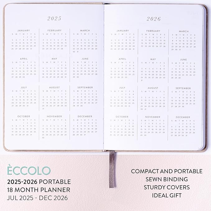 2025-2026 Eccolo 18 Month Linen Bound Planner, Monthly & Weekly Pages (5.25 x 7.75" - July 2025 to Dec 2026 - Delicate Floral)