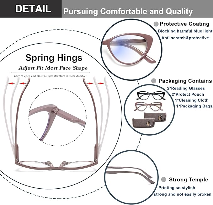 EYEURL Cat Eye Reading Glasses for Women - 2 Pack Blue Light Blocking Computer Readers 0.00 Spring Hinge Anti Glare/UV Ray Eyeglasses
