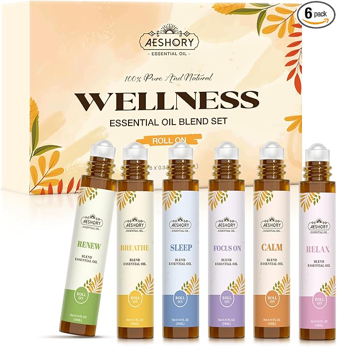 Essential Oils Roll On Set(Calm, Relax, Breathe, Focus on, Sleep, Renew), Natural Aromatherapy Oil Blend Kit with Roller Ball for Massage, Body Skin Care, Home, Relaxation Gift for Women & Men