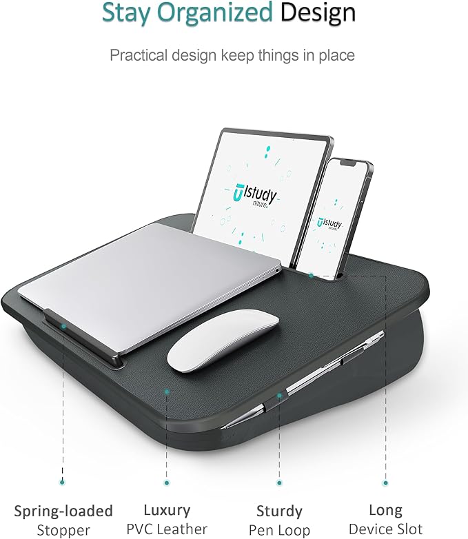 Lap Desk, Portable Laptop Stand with Washable Cushion, Fits up to 17 inch Laptop, with Device Ledge and Phone Holder, Use on Bed,Couch, Sofa, Floor, Home Office– ISTUDYNITURE (Large, Black)