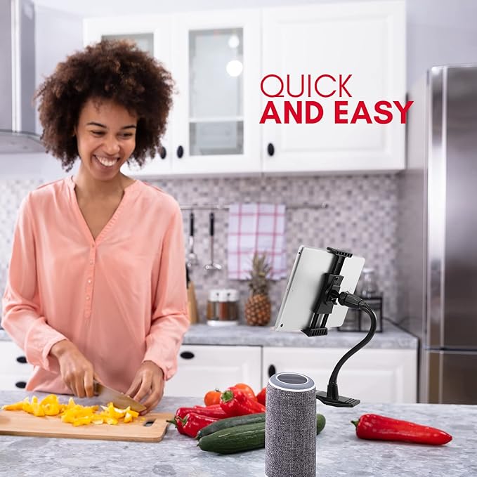 Macally Adjustable Gooseneck Tablet Holder & Phone Clip - Works with Phones & Tablets up to 8” - Flexible Phone Holder & Tablet Mount with Clip On Clamp for Desks up to 1.75” Thick (CLIPMOUNT),Black