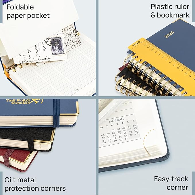 POPRUN 2026 Daily Planner One Page A Day - [8.5" x 5.75" Wire-Bound Hard Cover] Agenda 2026 Hourly Appointment Book with Monthly Calendar, Inner Pocket, Ivory Paper - Light Yellow