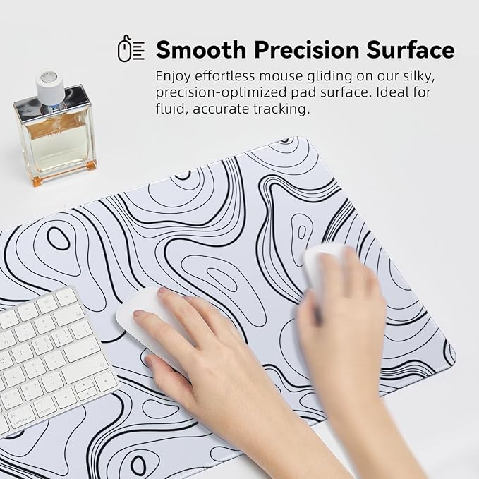 Waterproof Large Gaming Mouse Pad with Durable Stitched Edges, Non-Slip Rubber Base, Smooth Surface Mouse Mat Desk Pad for Home Office Gaming, 31.5"x11.8"x0.12", White Topographic Map