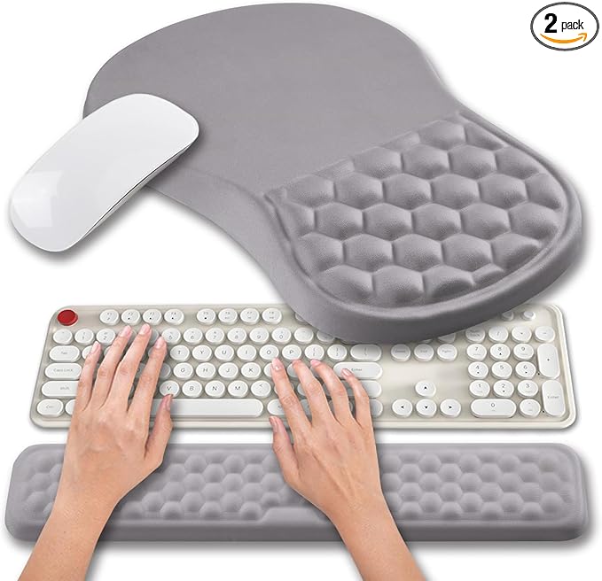 Hokafenle 2 In 1 Ergonomic Mouse Pad Wrist Support & Wrist Rest For Computer Keyboard Set, with Relieve Carpal Tunnel Pain Massage Bulge and Full Memory Gel Design (2In1 Set,Neutral Gray Light Purple)