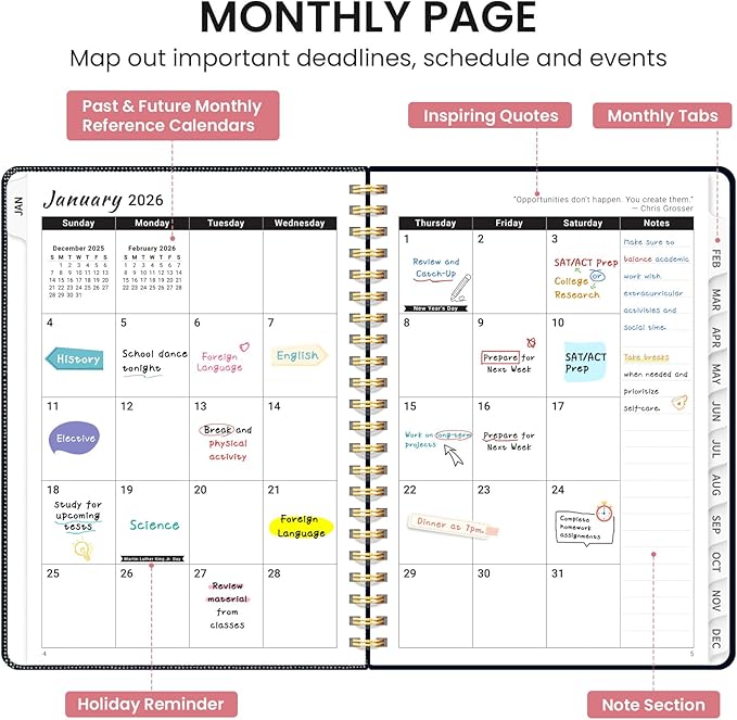 2026 Planner, Monthly and Weekly Calendar Planner for Women, January 2026 - December 2026, Hardcover Pretty 2026 Agenda Planner Book with Tabs, Spiral Bound, Perfect for School Office Home Supplies, 6.3" x 8.5" - Garden of Whimsy