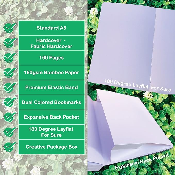 Dot Grid Notebook Dotted Journal,180Gsm Bamboo White Paper, 5 * 5MM Dots 160 Pages, Lay Flat Binding,Colored Silver Edges, Bookmarks and Expandable Back Pocket