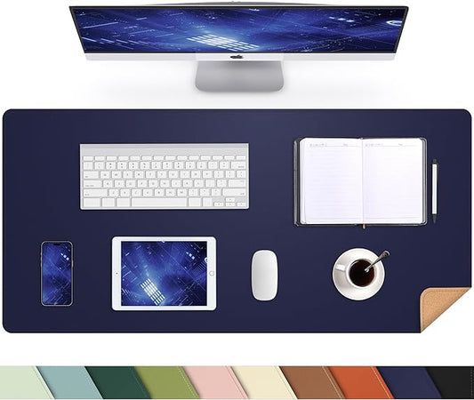 Leather Desk pad Protector, Large Desk mat with Natural Cork & PU Leather,Mouse pad,Non-Slip Office Desk Mat,Waterproof Desk Writing Pad for Office and Home (35in*17in, Blue)