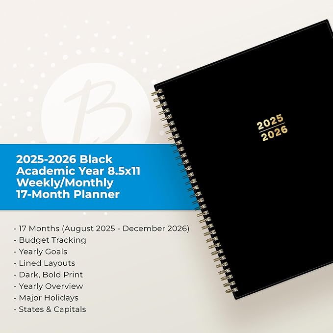 Blue Sky 2025-2026 Academic Year Weekly and Monthly Planner Calendar, August 2025 - December 2026, 17-Month, 8.5" x 11", Flexible Cover, Wirebound, Laminated Tabs, Black