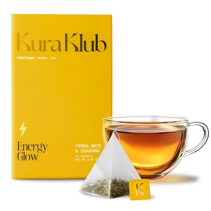 Kura Klub Yerba Mate Energy Glow Tea – Premium Energy Herbal Tea with Guarana, Ginger & Peppermint for Digestion, Gut Health & Satiety – Jitter-Free, No Crash – 3-in-1 Wellness Blend – Caffeine Alternative, No Microplastics – 14 Premium Teabags