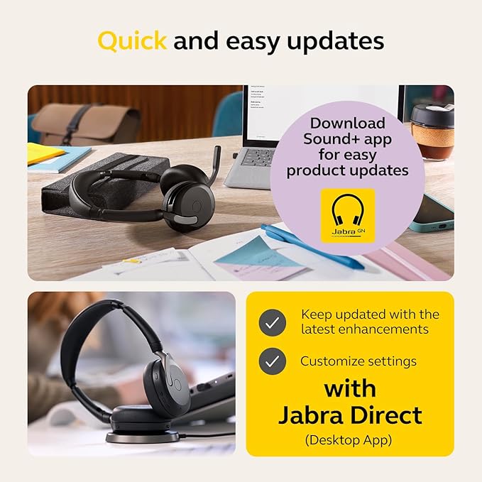 Jabra Evolve2 65 Flex Stereo Headset with Bluetooth, Wireless Charging Pad - Noise-Cancelling ClearVoice Technology & Hybrid Active Noise Cancellation - Works with Leading UC Platforms - Black