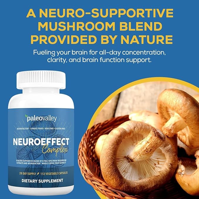 Paleovalley NeuroEffect - Neuro Mushroom Coffee Nutritional Supplement for Focus, Memory, and Energy Support - 28-Day Supply - 8 Full Spectrum Mushroom and Whole Coffee Fruit Extracts
