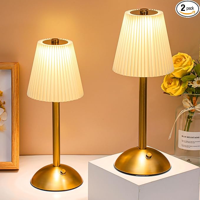 Liliful 2 Pcs LED Portable Cordless Table Lamp Touch Battery Operated Rechargeable Desk Lamp 3 Color Dimmable for Bedroom Living Room Dining (Beige Cloth Style,Gold)