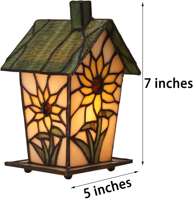 Bieye L10781 Tiffany Style Stained Glass Birdhouse Table Lamp for Home Decor (7-inch High, Sunflower)