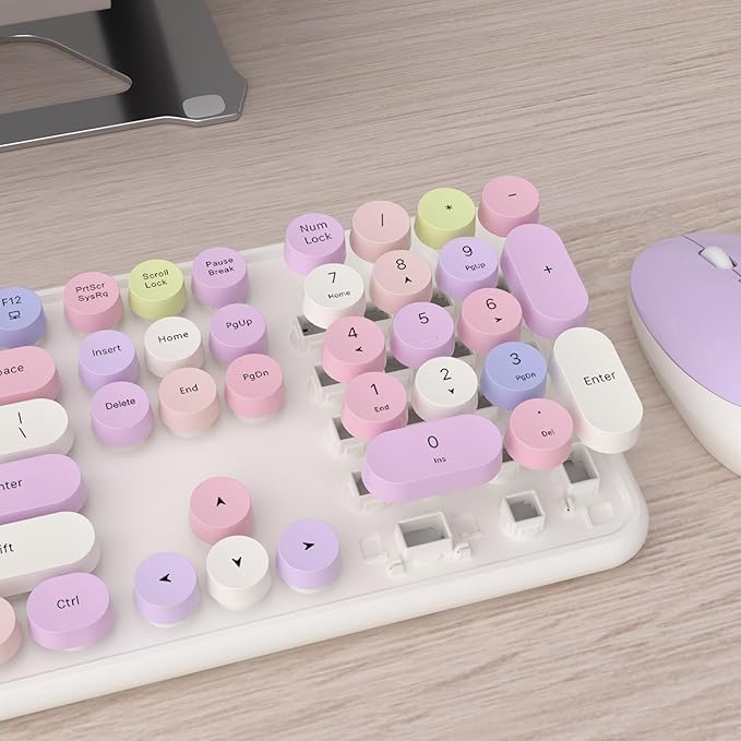 UBOTIE Colorful Computer Wireless Keyboards Mouse Combos, Typewriter Flexible Keys Office Full-Sized Keyboard, 2.4GHz Dropout-Free Connection and Optical Mouse (White-Colorful)