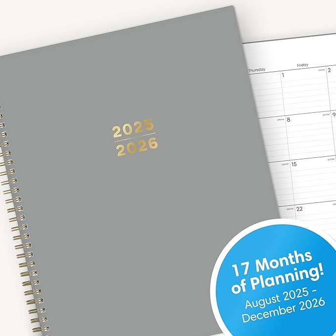 Blue Sky 17 Month 2025-2026 Weekly and Monthly Academic Year Planner Calendar, August 2025 - December 2026, 8.5" x 11", Flexible Cover, Wirebound, Laminated Tabs, Silver Metallic