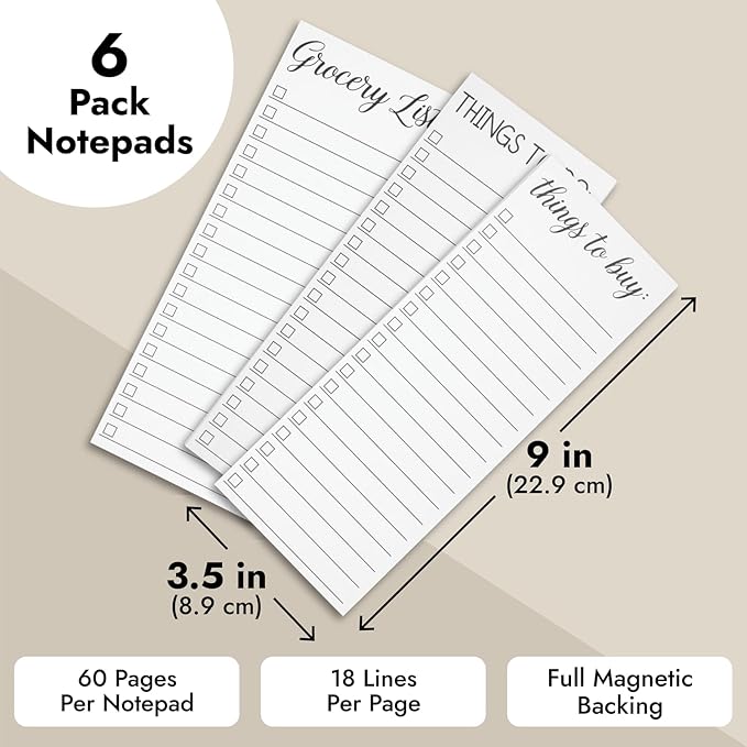 Paper Junkie Grocery & Shopping List Magnetic Notepad for Fridge - 6-Pack Slim Notepads, 3.5 x 9 In, 60 Sheets per Pad, White Magnetic Backing - Checkboxes for To-Do & Grocery Items