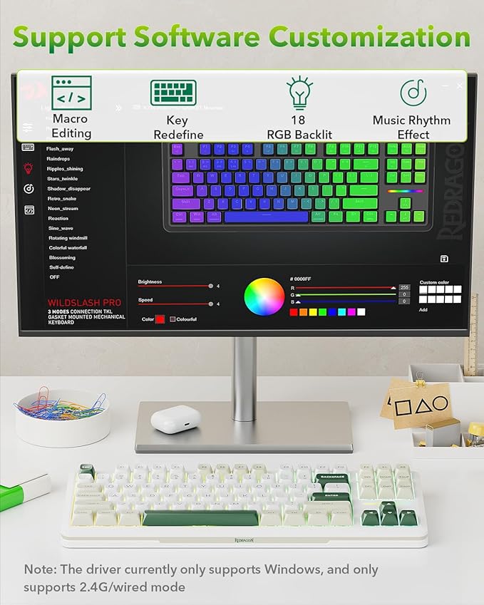 Redragon K734W Wireless Mechanical Keyboard, Tri Mode BT5.0/2.4G/USB-C 75% 81 Keys TKL Custom Hot Swappable Gaming Keyboard, Pre-lubed Linear Switches,RGB Gasket Computer Creamy Keyboard, for PC/MAC