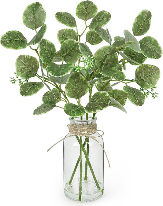 Fake Plants Eucalyptus Stems in Glass Vase with Faux Water, Artificial Plants Eucalyptus Leaves for Shelf Desk Bathroom Farmhouse Coffee Table Home Decor