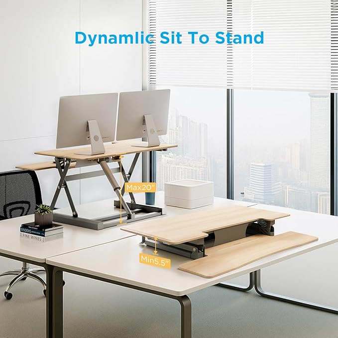 36" Electric Standing Desk Converter, Dyropcurv Series Height Adjustable Computer Desk Ergonomic Home Office Desk for Adults, Sit to Stand Desk with Quiet Motor, Light Wood