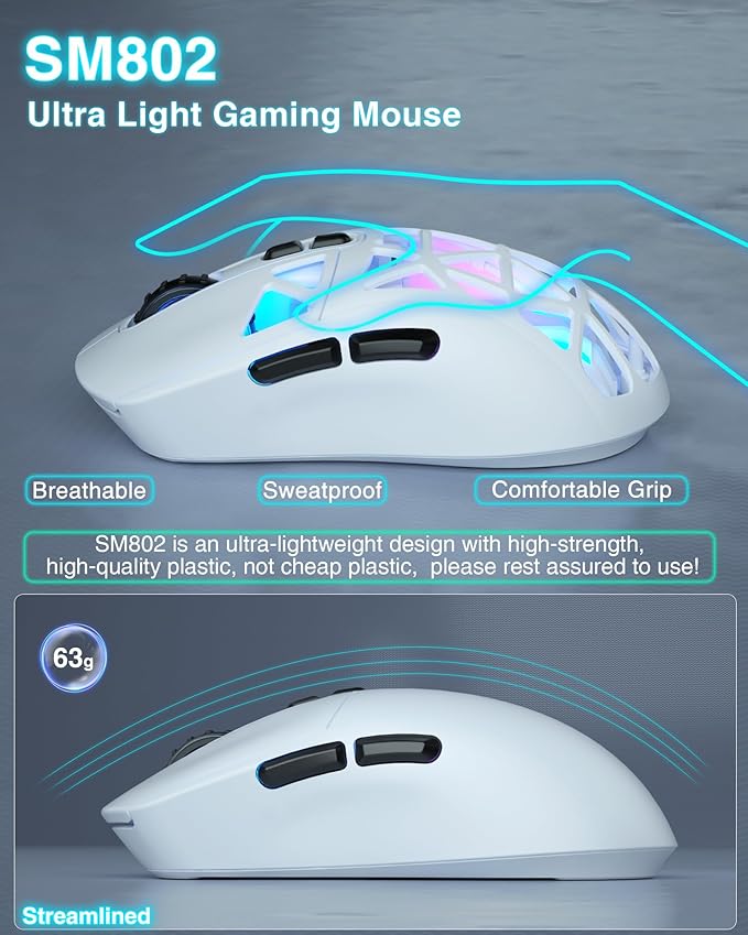 SM802 White Wireless Gaming Mouse,10000 DPI,Tri-Mode Wired/BT 5.0/2.4GHz Wireless Mouse Gaming with Side Button,RGB Programmable Macro Mouse for Laptop